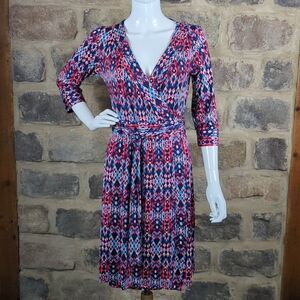 Melissa Masse‎ Full Wrap Dress Woman's Size Small Tribal Ikat Design 3/4 Sleeve